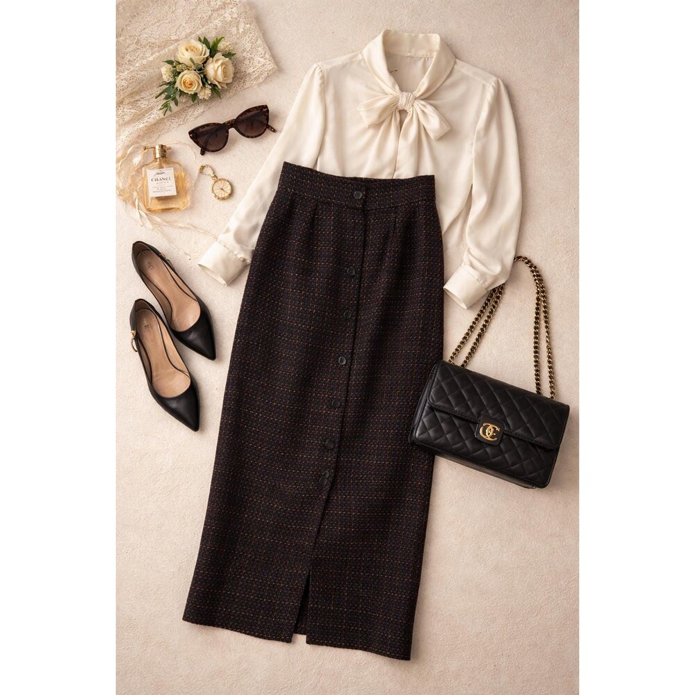 Vintage Wool Tweed Midi Skirt Button Front Pencil Dark Academia High Waist Fall